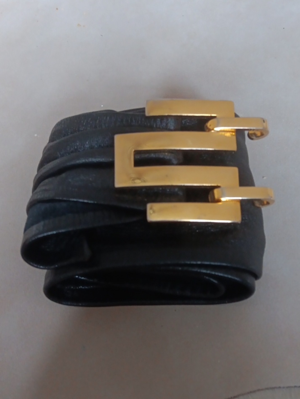 Black Women's Leather Belt with Gold Triple-Loop Buckle.Retro